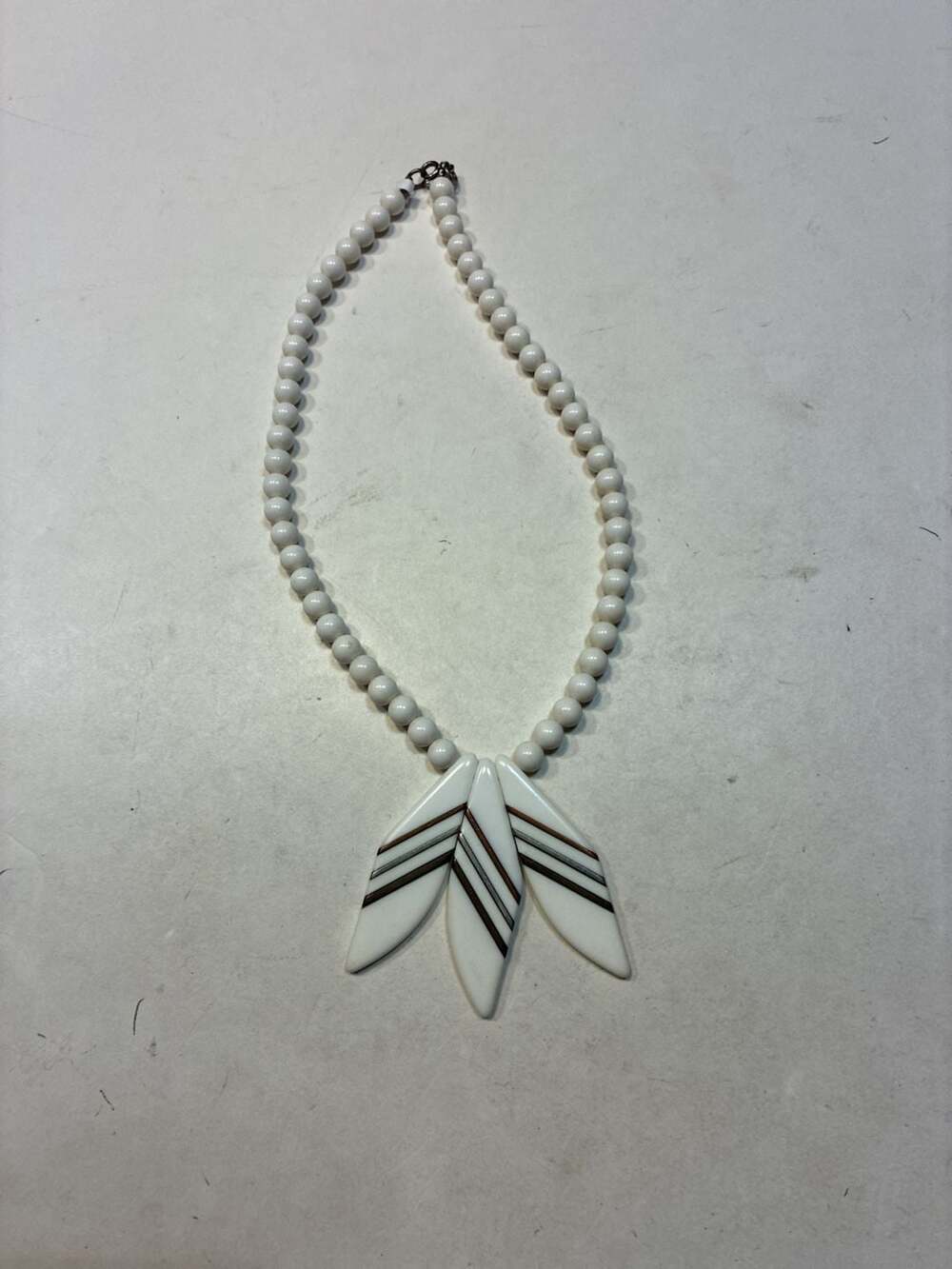 Vintage White Beaded Necklace Triple Leaf Pendant Copper Accents